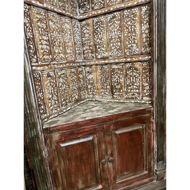 Antique Hand-Carved Corner Bookshelf | Rustic Open Wood Display Bookcase For Sale - Image 4 of 7