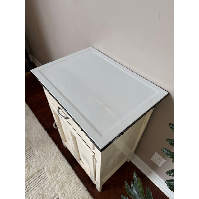 Antique Early 1900s White Painted Small Cabinet With Enamel Metal Top For Sale - Image 4 of 11