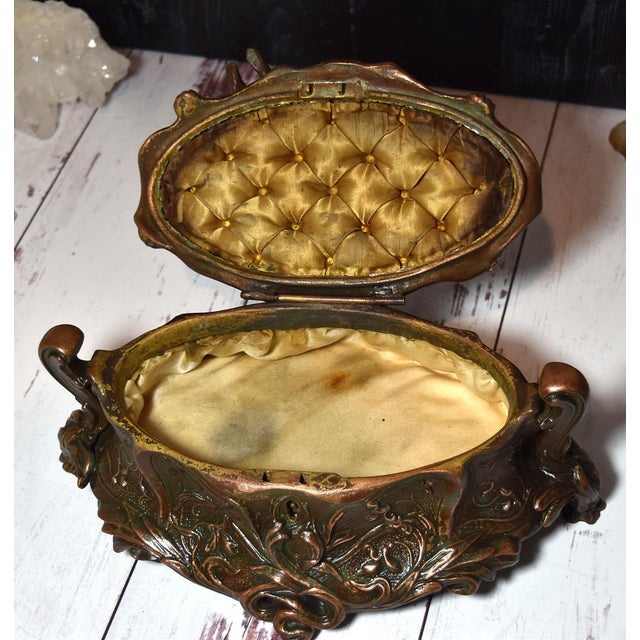 Antique Art Nouveau Metal Dresser Box Casket Lady on Bear Skin Rug For Sale - Image 16 of 18