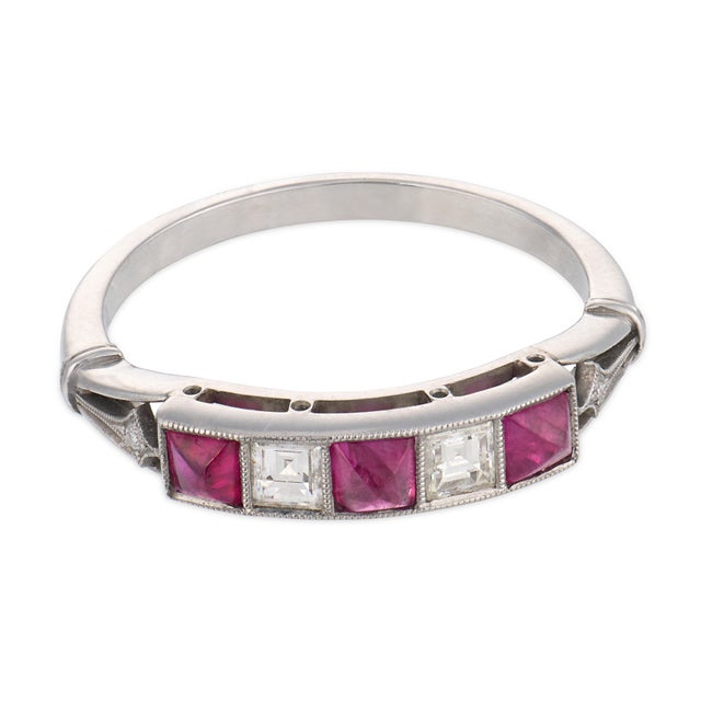 Contemporary Vintage Ruby Diamond Platinum Five Stone Ring, Size 6.25 For Sale - Image 3 of 6