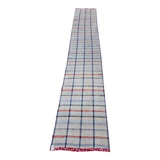 Vintage American Rag Runner, Handwoven Wool & Cotton, Indigo Stripe Pattern, 2x11 For Sale