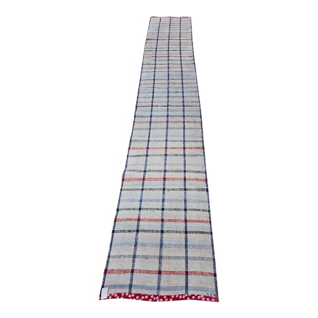 Vintage American Rag Runner, Handwoven Wool & Cotton, Indigo Stripe Pattern, 2x11 For Sale