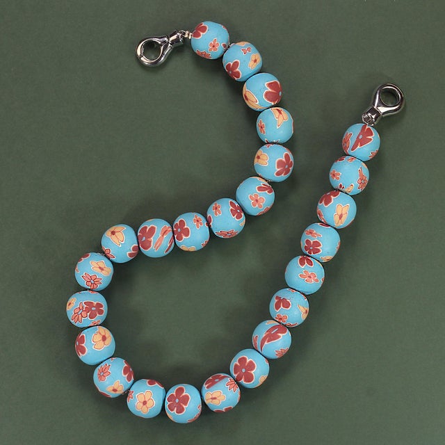 Traditional Ajd 16" Blue Chinese Polymer Bead Necklace W/Mauve and Tan Flowers For Sale - Image 3 of 8