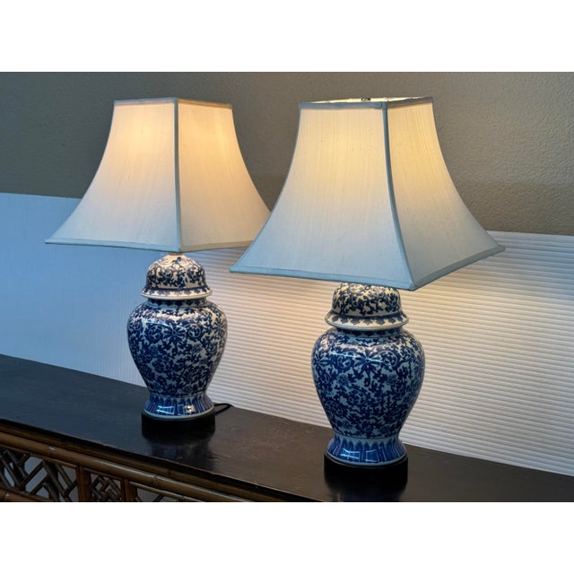 Chinoiserie Blue & White Ginger Jar Table Lamps, Pair For Sale - Image 3 of 12