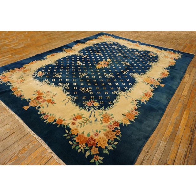 Art Deco 1930s Blue Navy Roses 4 Star Antique Chinese Art Deco Carpet 9' X 11'4" Knotted Wool Rug For Sale - Image 3 of 14