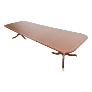 Baker Furniture Style Georgian Banded Mahogany Double Pedestal Extension Dining Table, Newly Refinished For Sale
