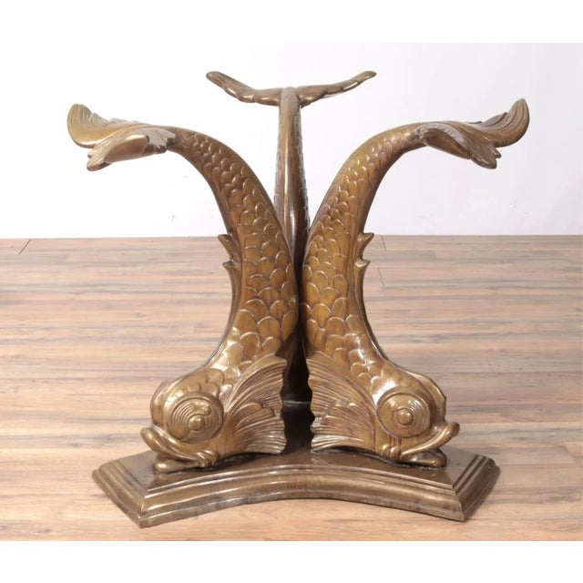 Round Glass Top Dining Table With a Three Dolphins Solid Brass Base. Mid Century Modern Meets For Sale In New York - Image 6 of 7