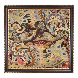 19th Century Framed Petitpoint Needlepoint Exotic Phoenix Birds W Insect For Sale