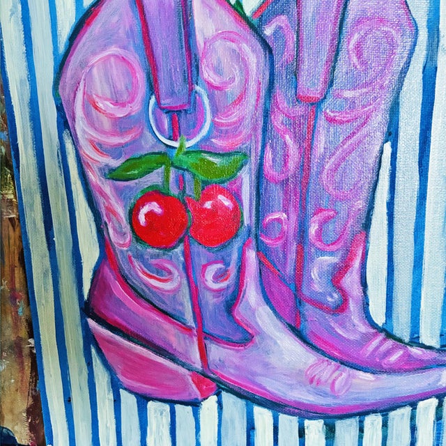 Original Framed Cowboy Boots, White Blue Red Country Art, Oil Sticks on Canvas by Tatiana Duperault For Sale - Image 4 of 4