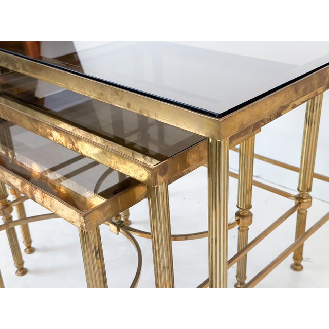 French Nesting Tables of Brass With Smoked Glass For Sale - Image 14 of 18