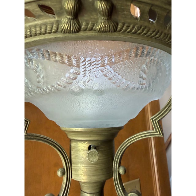 1990s 1990s Traditional Bronze Torchiere Floor Lamp With Etched Frosted Glass Shade & 3-Way Switch For Sale - Image 5 of 7