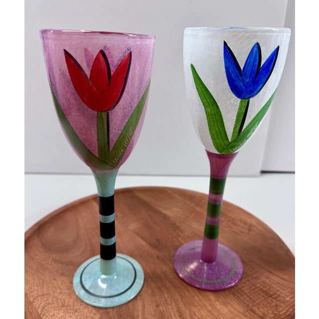 Late 20th Century Late 20th Century Kosta Boda “Tulipa” Hand-Painted Art Glass Goblets by Ulrica Hydman-Vallien – Pair For Sale - Image 5 of 18