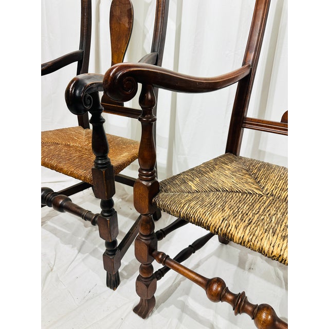 Pair of Antique 18th Century Queen Anne Style Mahogany Armchairs With Rush Seats For Sale In Raleigh - Image 6 of 14