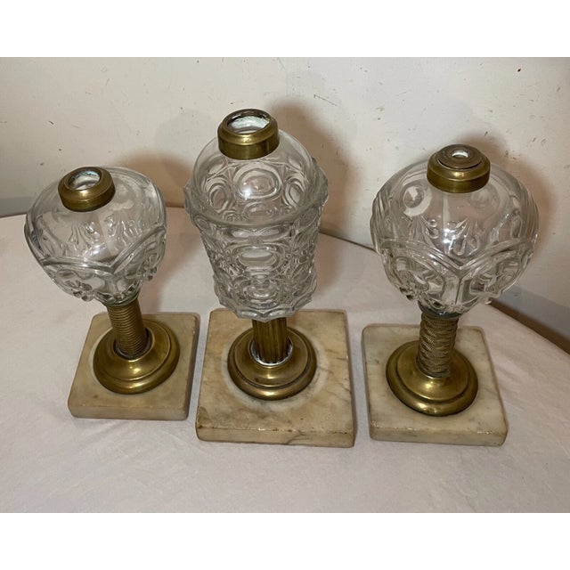 Lot of 3 Rare Antique 19th Century Bullseye Glass Brass Marble Whale Oil Lamp For Sale - Image 13 of 14