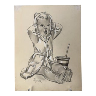 1940s Original Signed Graphite Illustration of Yawning Toddler With Cup, 11 × 9 In. For Sale