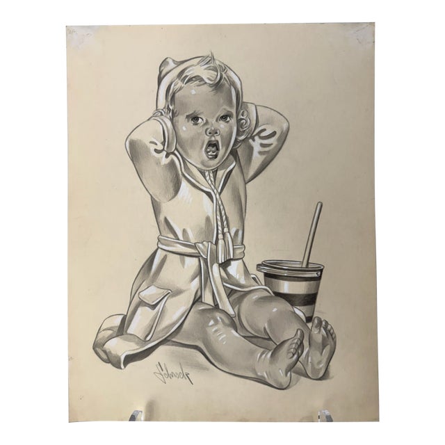 1940s Original Signed Graphite Illustration of Yawning Toddler With Cup, 11 × 9 In. For Sale