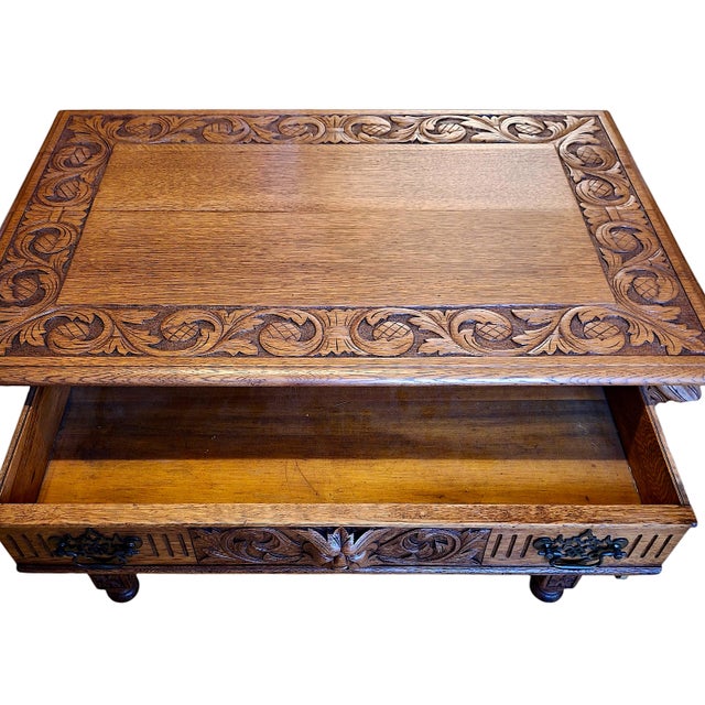 Renaissance Revival-Style Oak Library Table With Drawer For Sale In San Francisco - Image 6 of 14
