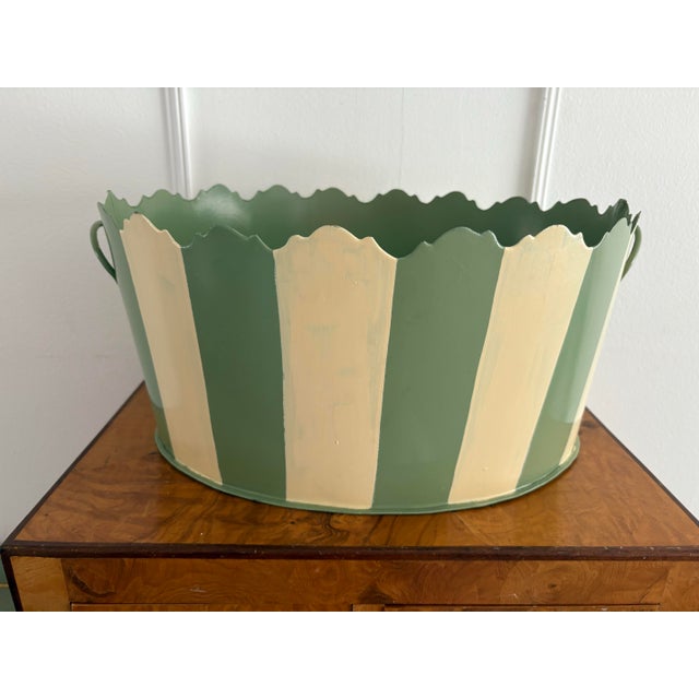 Metal Vintage Scalloped Green and White Striped Urn For Sale - Image 7 of 12