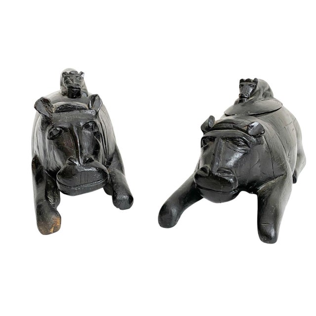 African African Folk Art Figurines - Black Carved Wood Lidded Hippos For Sale - Image 3 of 7
