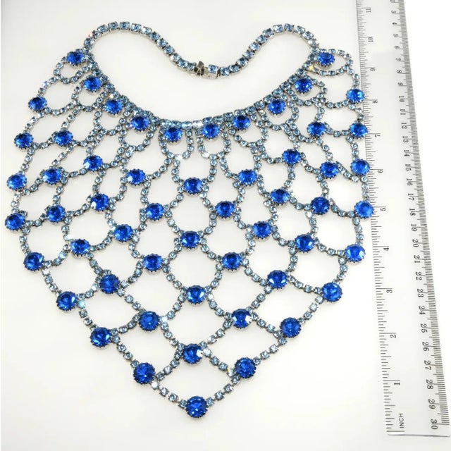Modern Vintage Dominique Bib Necklace Blue Rhinestones For Sale - Image 3 of 5