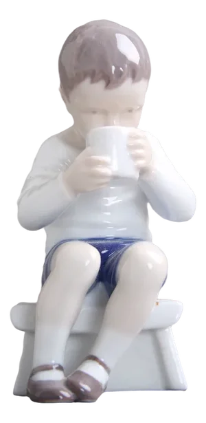 Underglaze Model B&G 1713 Milk-Drinking Boy Figure by Ingeborg Plockross Irminger, Denmark, 1960s
