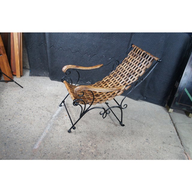 Vintage Omani Scrolled Wrought Iron Teak Saddle Seat Lounge Armchair For Sale - Image 10 of 13