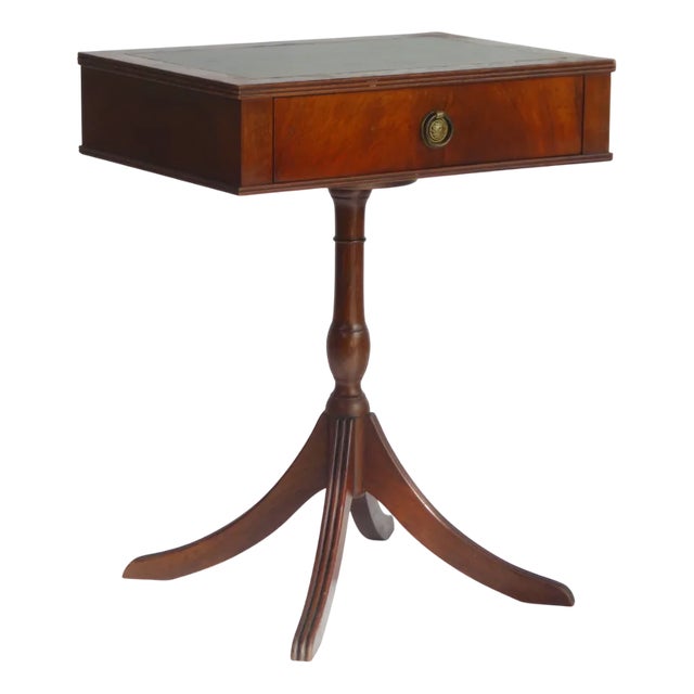 English Victorian Rectangular Wooden Table with Green Leather Top and Drawer, 1920s For Sale