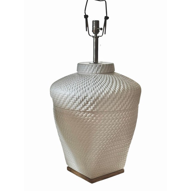 Metal Coastal White Ralph Lauren Ceramic Woven Rope Texture Lamps With Chrome Finials - A Pair For Sale - Image 7 of 12