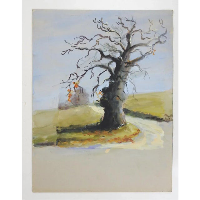 Vintage mid 20th century gouache on artist board french landscape painting with lone tree. Unsigned. Unframed, image size...