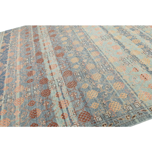 Textile Modern Khotan Style Hand-Knotted Wool Area Rug Teal, Rust & Ochre Vintage Motif For Sale - Image 7 of 9