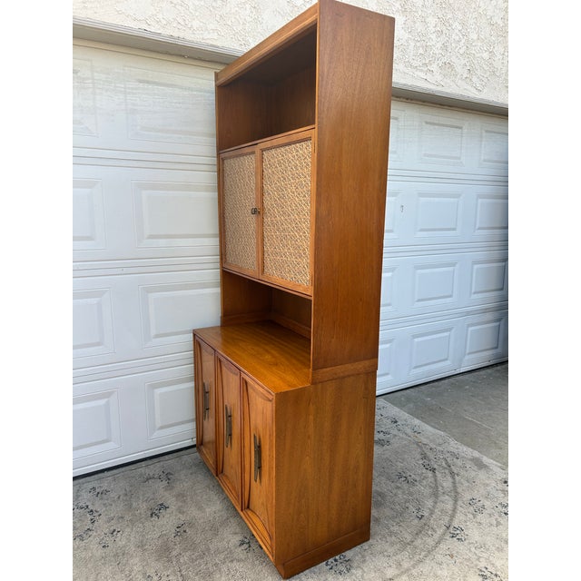 Heritage Mid-Century Buffet and Cane Wood Hutch China Cabinet by Heritage for JH Biggar Furniture, Pasadena, CA. This two-...