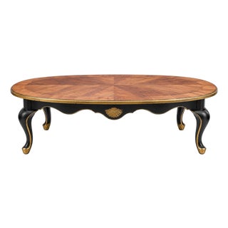 Mid-Century French Provincial Oval Coffee Table With Radial Walnut Veneer, Satin Canyon Black & Hand-Gilded Gold For Sale