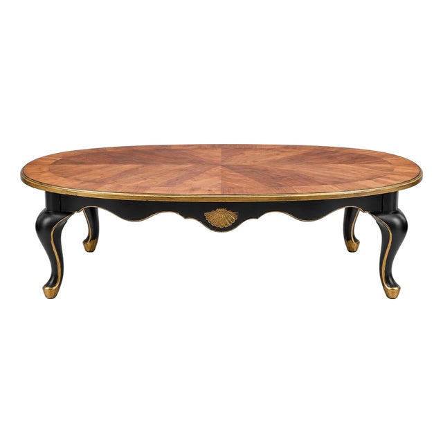 Mid-Century French Provincial Oval Coffee Table With Radial Walnut Veneer, Satin Canyon Black & Hand-Gilded Gold For Sale