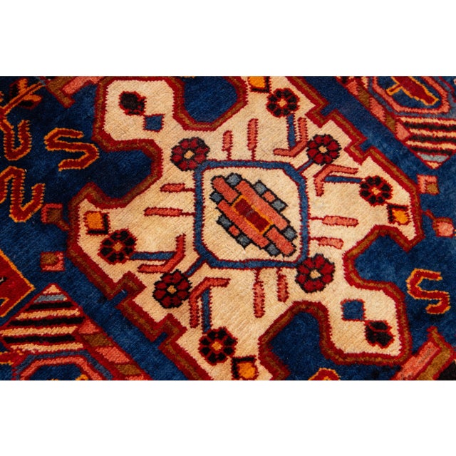 1960s 1960s Vintage Persian Hamadan Hand-Knotted With Blue Field and Multicolor Accents Wool Rug For Sale - Image 5 of 7
