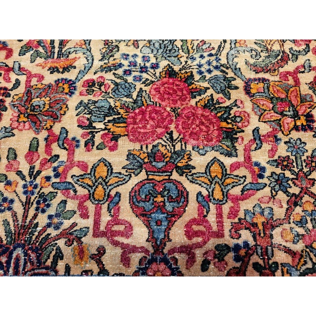 Vintage Oversized Persian Kerman Lavar Rug, Hand-Knotted Wool, Allover Floral Vase Pattern, Ivory & Turquoise, 9’ X 14’ For Sale - Image 4 of 18