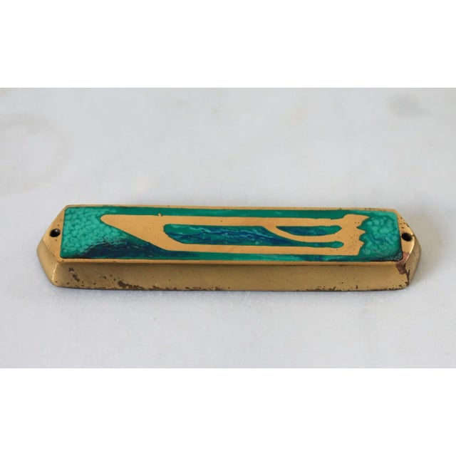 Brass Green Epoxy Mezuzah Hen Holon Israel With Scroll For Sale - Image 4 of 6