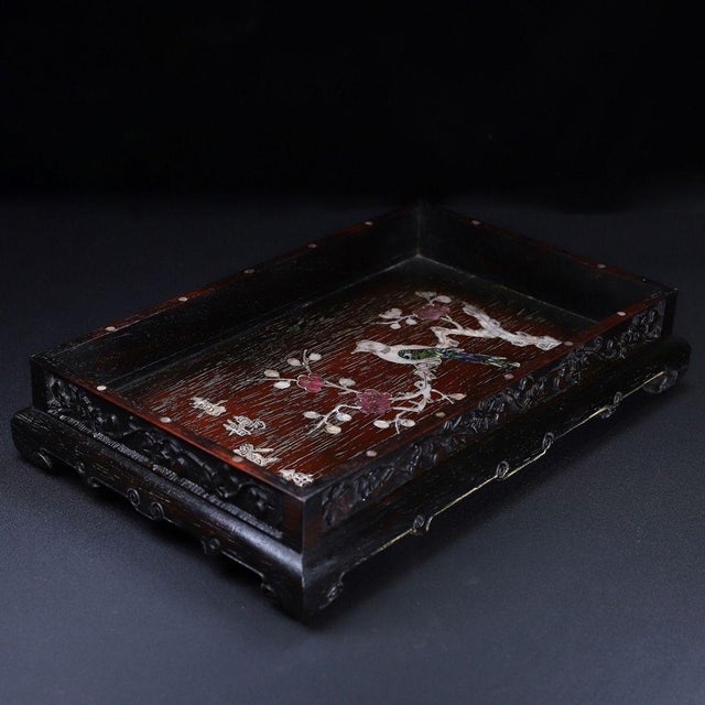 Late 20th Century Zitan Wood Tray Inlaid With Mother-of-Pearl & Calligraphy For Sale - Image 5 of 10
