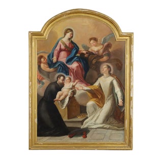 Madonna with Child, Angels, and Saints, 18th-Century, Oil on Canvas, Framed For Sale