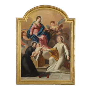 Madonna with Child, Angels, and Saints, 18th-Century, Oil on Canvas, Framed