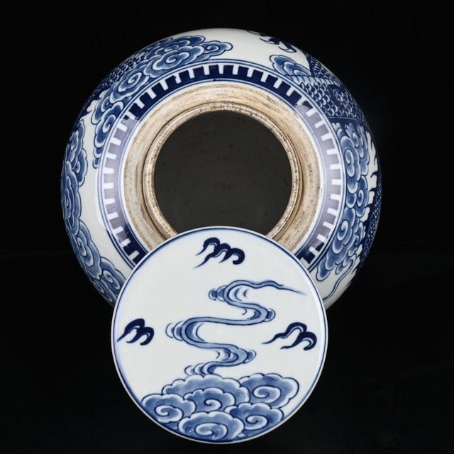 Blue Vintage Blue and White Porcelain Lidded Jar With Dragon and Carp Motif For Sale - Image 8 of 8