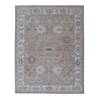 Modern Oushak Rug by Keivan Woven Arts, Muted Greens & Florals 9'0 X 12'4 For Sale
