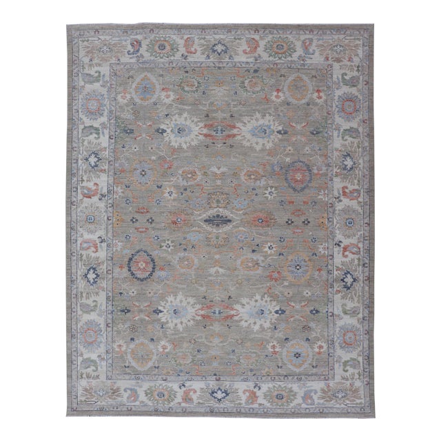 Modern Oushak Rug by Keivan Woven Arts, Muted Greens & Florals 9'0 X 12'4 For Sale