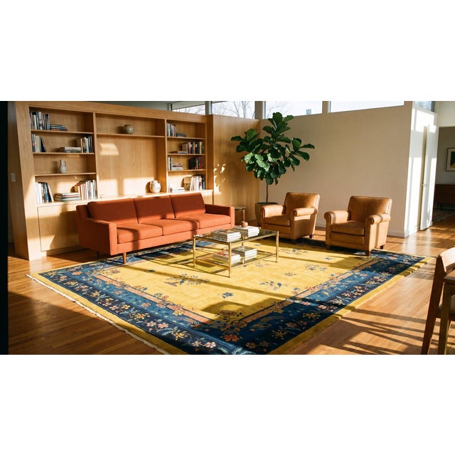 Dynamic Yellow-Saffron Background Color With Nice Floral Design Antique Chinese Art Deco Rug For Sale - Image 12 of 12