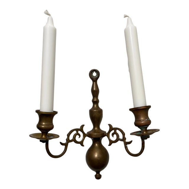 1970s Williamsburg Style Cast Brass Two-Arm Wall Sconce With Warm Patina For Sale