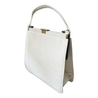 Vintage 1950s–1960s White Structured Frame Handbag | Mid-Century Top Handle Purse With Brass Clasp | Classic Retro Box Bag For Sale