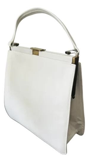 Vintage 1950s–1960s White Structured Frame Handbag | Mid-Century Top Handle Purse With Brass Clasp | Classic Retro Box Bag