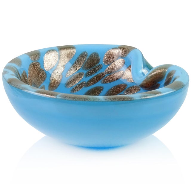 Vintage Murano Sky Blue Copper Aventurine Flecks Spots Italian Art Glass Decorative Bowl Ashtray Dish For Sale In Orlando - Image 6 of 7
