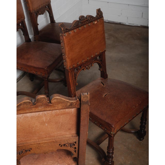 Early 20th Century Antique Henry II Renaissance Style Brown Leather and Wood Chairs - Set of 4 For Sale - Image 4 of 6