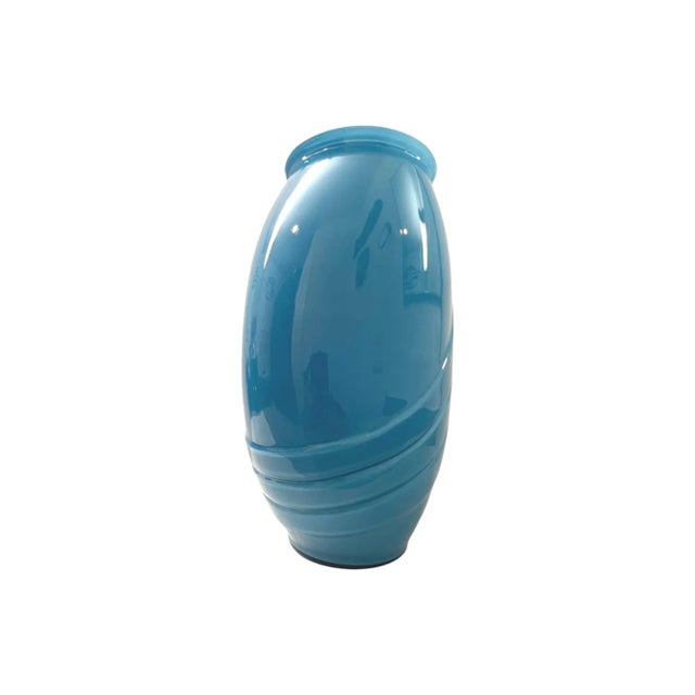 Vintage Postmodern Large Turquoise Ribed Glass Vase, 1980s For Sale - Image 4 of 8