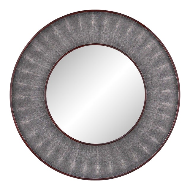 Italian Faux Shagreen & Walnut Concave Round Mirror, Late 20th Century. For Sale